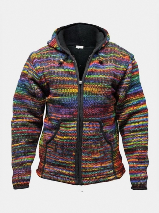 Bunte Gestrickte Herren-strickjacke Mit Reißverschluss Vorne Warmer Kordelzug Kapuzen-cardigans Mit Tasche