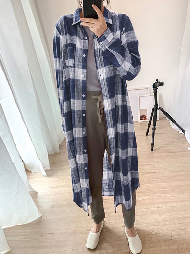 Damen Plaid Commute Business Outerwear Bottom Down Front Loose Shirt Dress Cardigans