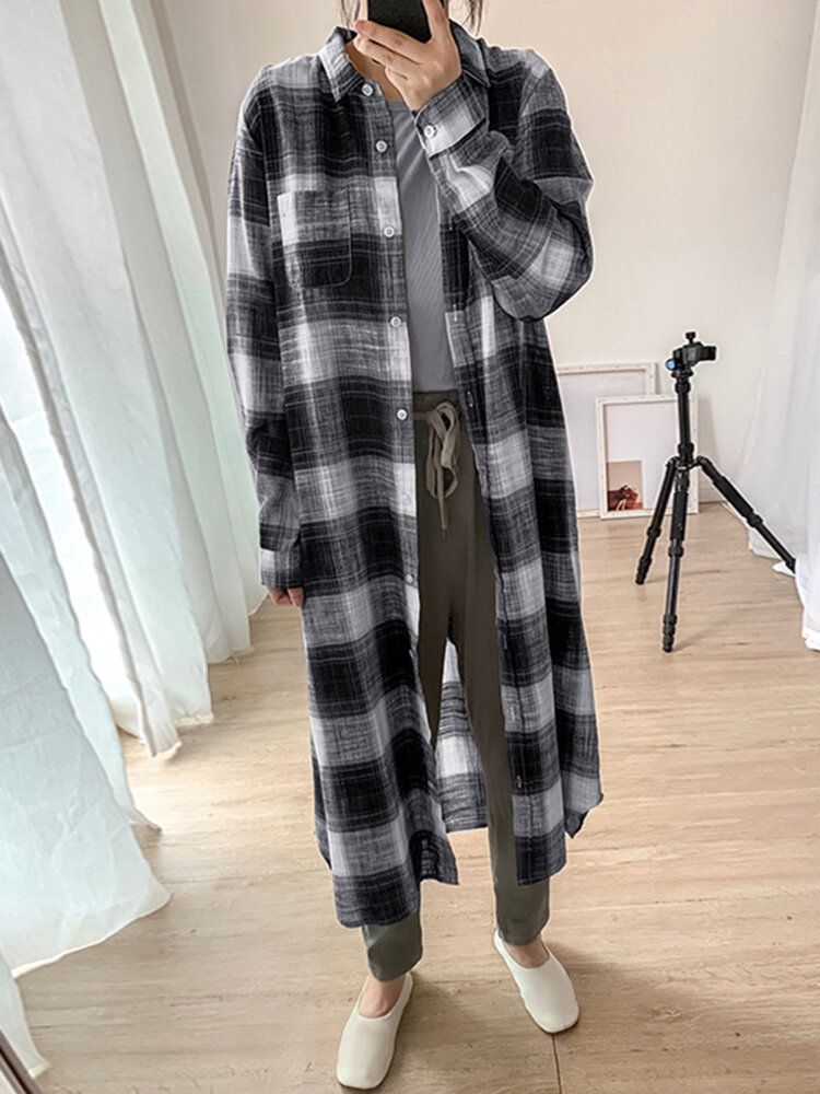 Damen Plaid Commute Business Outerwear Bottom Down Front Loose Shirt Dress Cardigans