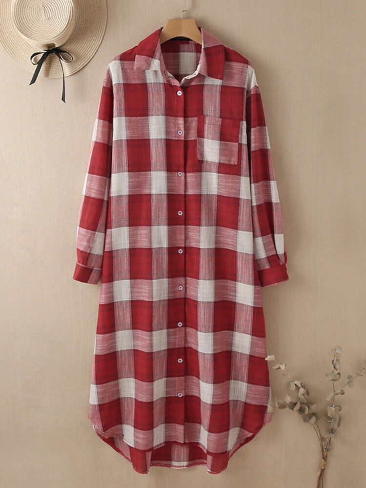 Damen Plaid Commute Business Outerwear Bottom Down Front Loose Shirt Dress Cardigans