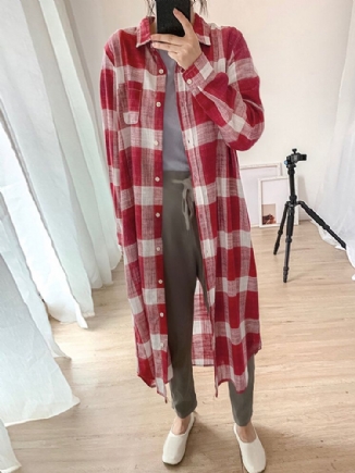 Damen Plaid Commute Business Outerwear Bottom Down Front Loose Shirt Dress Cardigans