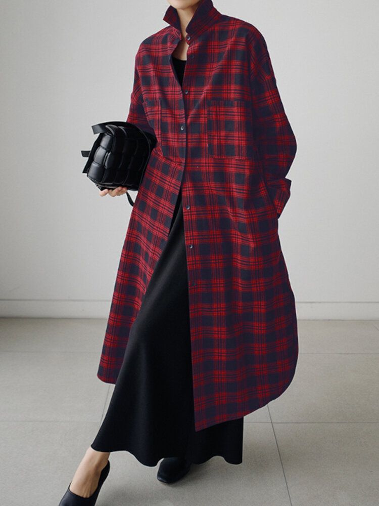 Damen Plaid Retro Button Manschetten Split Seitentaschen Revers Langarm Shirtdress Cardigan