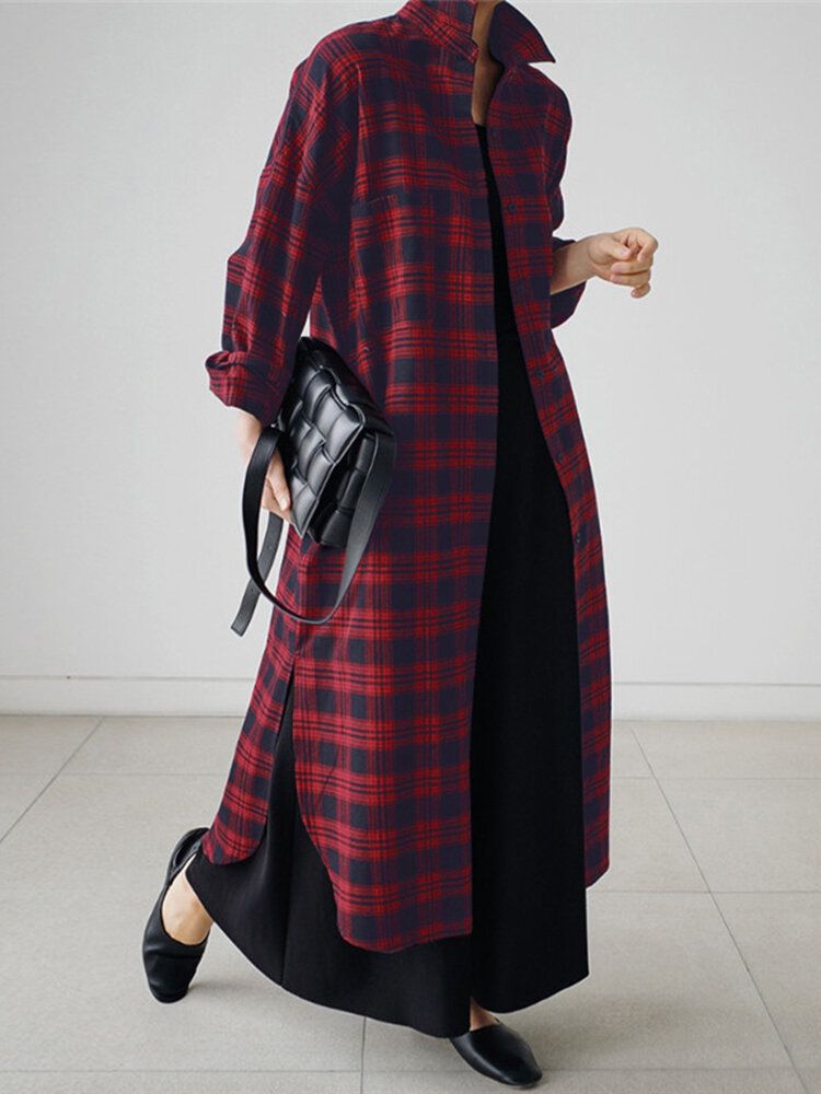 Damen Plaid Retro Button Manschetten Split Seitentaschen Revers Langarm Shirtdress Cardigan