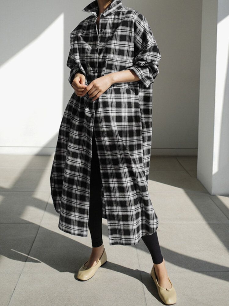 Damen Plaid Retro Button Manschetten Split Seitentaschen Revers Langarm Shirtdress Cardigan