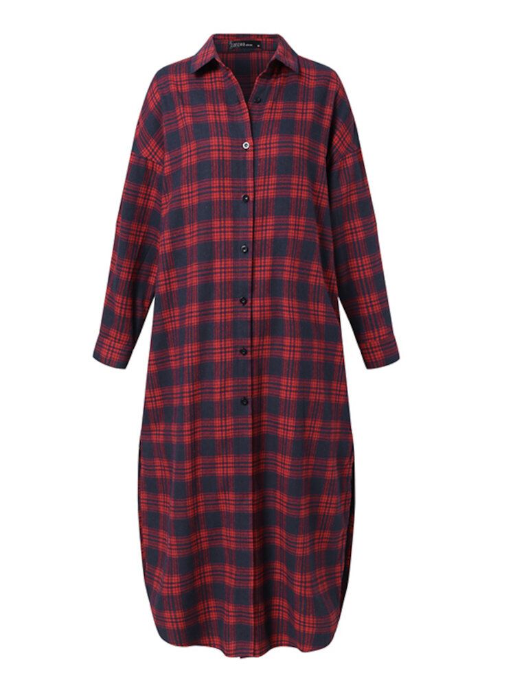 Damen Plaid Retro Button Manschetten Split Seitentaschen Revers Langarm Shirtdress Cardigan