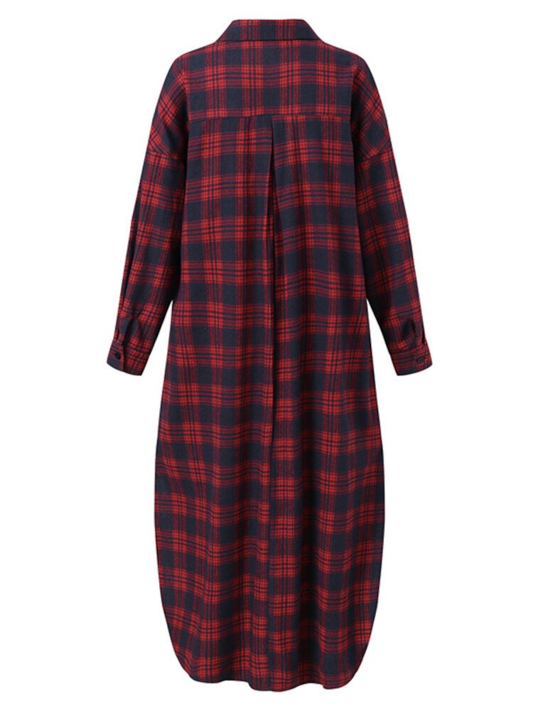 Damen Plaid Retro Button Manschetten Split Seitentaschen Revers Langarm Shirtdress Cardigan