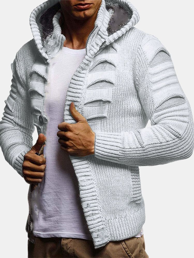 Einfarbige Langarm-strickjacke Mit Kapuze Für Herren