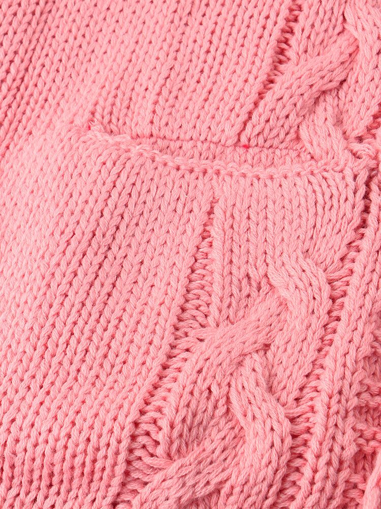 Einfarbiger Jacquard-strickpullover Für Damen Mittellang Mit Kapuze Und Tasche