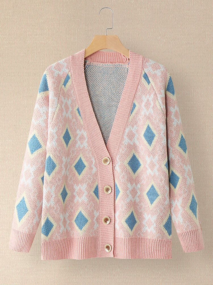 Frauen Argyle Muster Geometrisch Gestrickt Lässig Animierte Strickjacke Mit Knöpfen