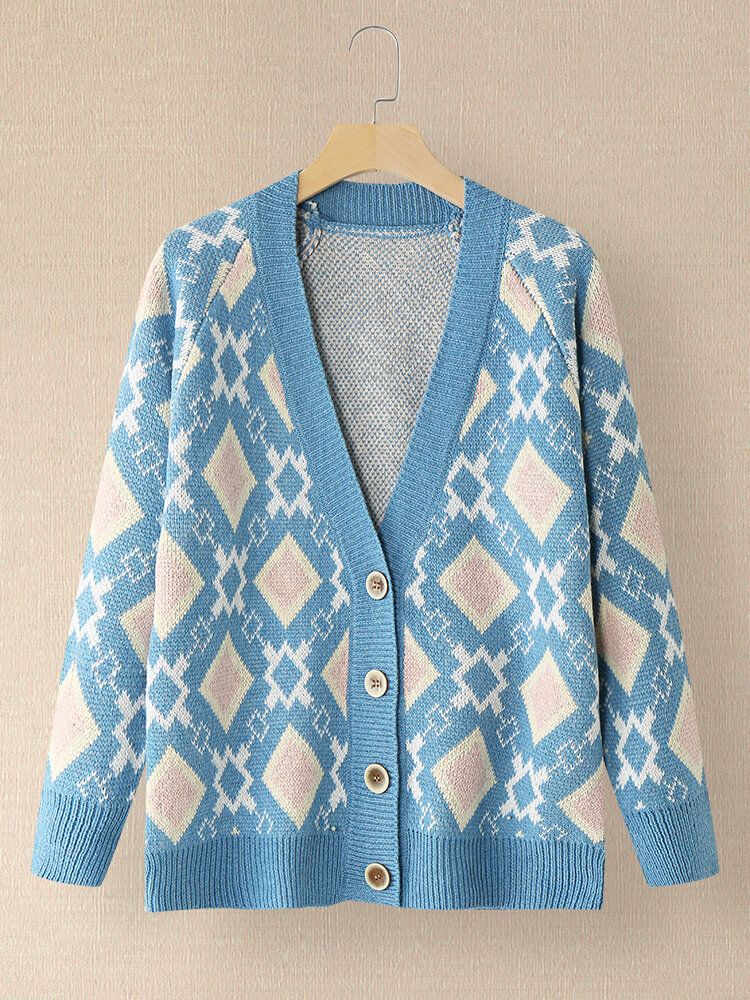 Frauen Argyle Muster Geometrisch Gestrickt Lässig Animierte Strickjacke Mit Knöpfen