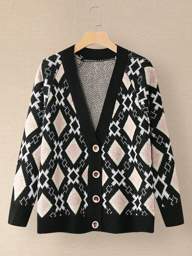 Frauen Argyle Muster Geometrisch Gestrickt Lässig Animierte Strickjacke Mit Knöpfen