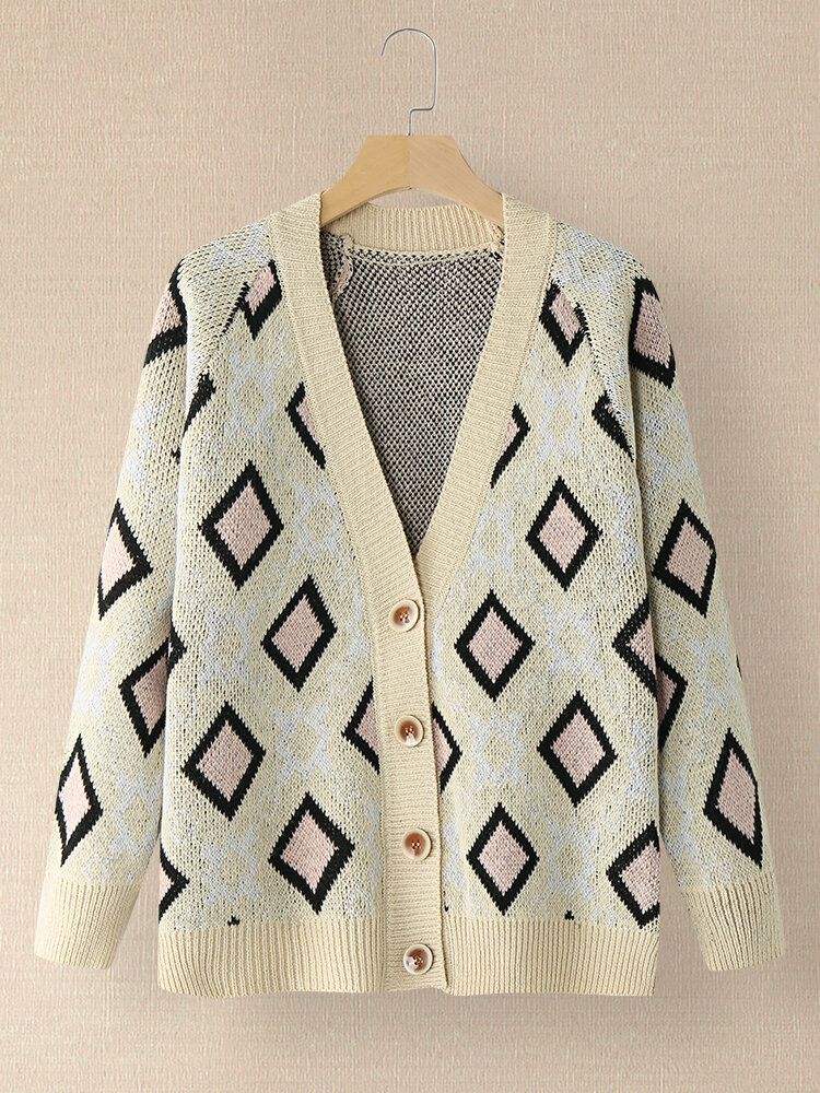 Frauen Argyle Muster Geometrisch Gestrickt Lässig Animierte Strickjacke Mit Knöpfen