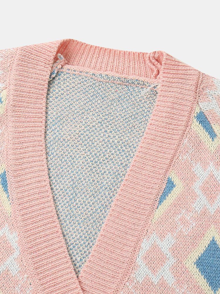 Frauen Argyle Muster Geometrisch Gestrickt Lässig Animierte Strickjacke Mit Knöpfen