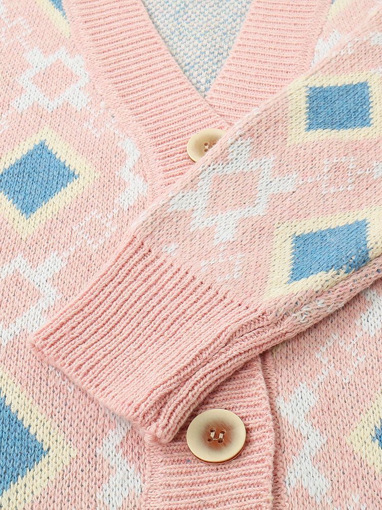 Frauen Argyle Muster Geometrisch Gestrickt Lässig Animierte Strickjacke Mit Knöpfen