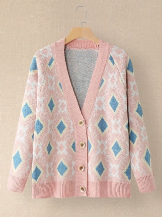 Frauen Argyle Muster Geometrisch Gestrickt Lässig Animierte Strickjacke Mit Knöpfen