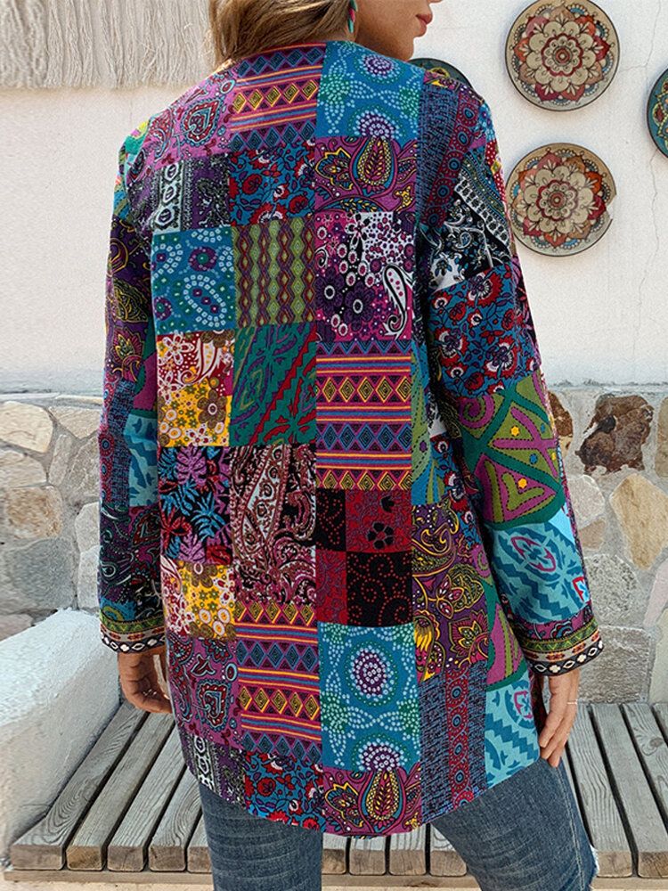 Frauen Retro Blumendruck Patchwork Langarm Unregelmäßige Baumwolle Ethnischen Stil Vintage Strickjacken