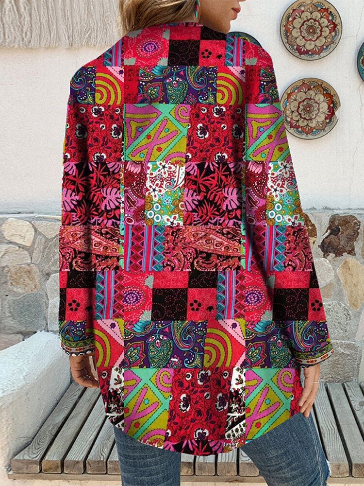 Frauen Retro Blumendruck Patchwork Langarm Unregelmäßige Baumwolle Ethnischen Stil Vintage Strickjacken