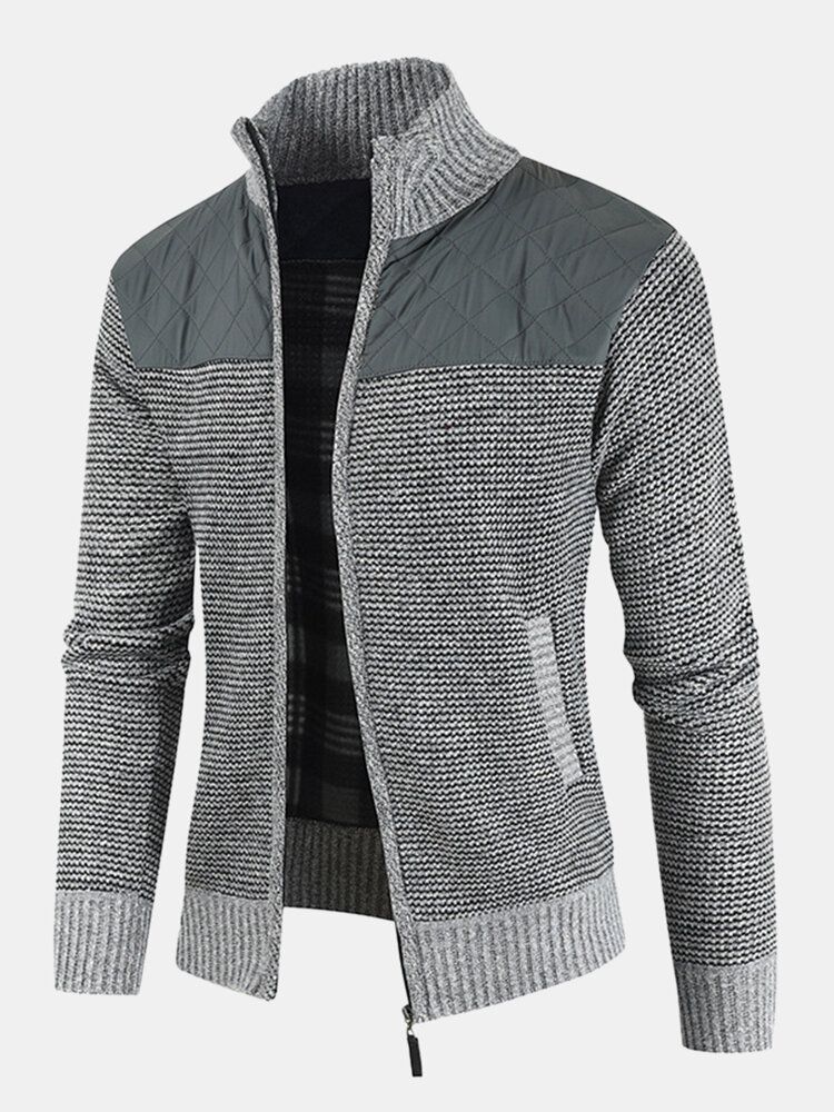 Herren-patchwork-reißverschluss Vorne Stehkragen Strick-casual-cardigans Mit Tasche