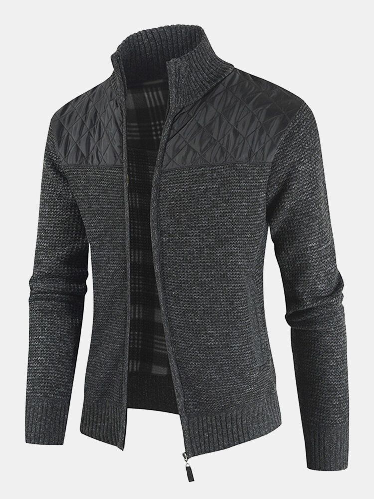 Herren-patchwork-reißverschluss Vorne Stehkragen Strick-casual-cardigans Mit Tasche