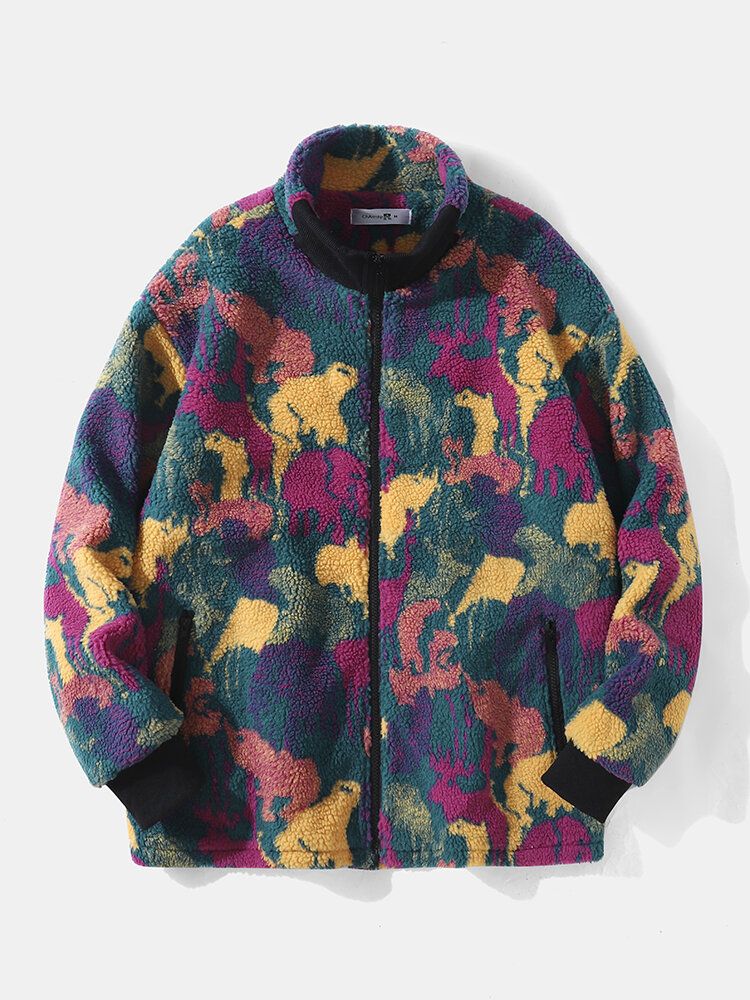 Herren Polar Fleece Tie Dye Stehkragen Taschen Reißverschluss Cardigans Jacke Mantel