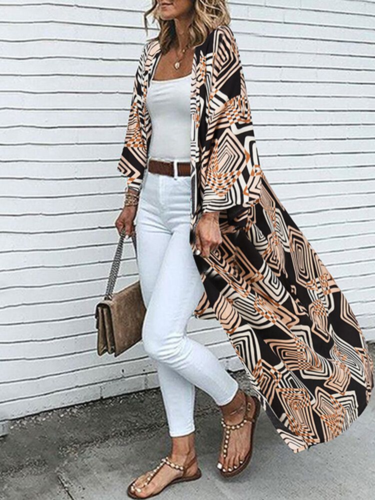 Langärmliger Bohemian-cardigan Mit Losem Offenem Vorderteil Und Geo-print