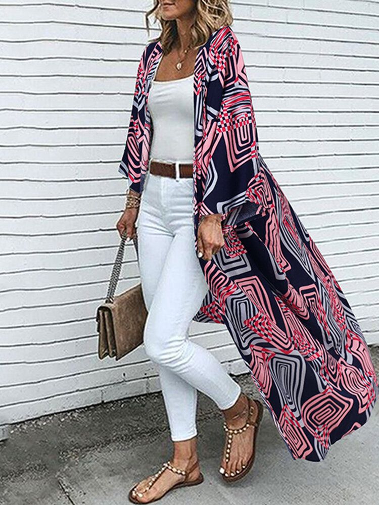 Langärmliger Bohemian-cardigan Mit Losem Offenem Vorderteil Und Geo-print