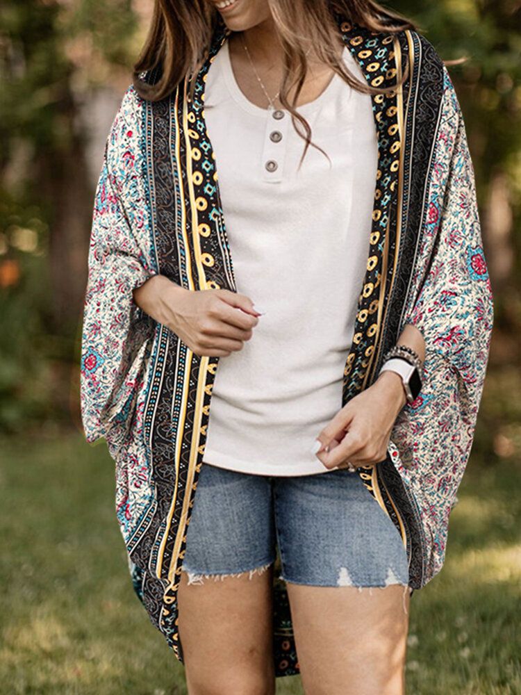 Lockerer Cardigan Mit Blumen-tribal-muster Und Offener Vorderseite