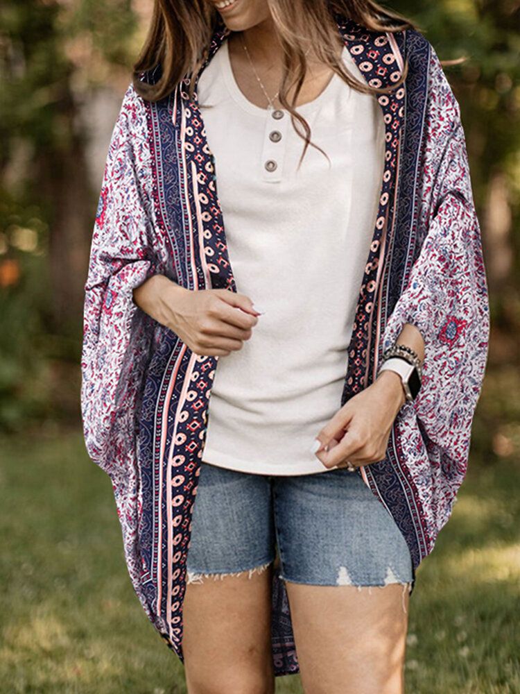 Lockerer Cardigan Mit Blumen-tribal-muster Und Offener Vorderseite