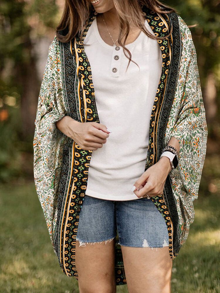 Lockerer Cardigan Mit Blumen-tribal-muster Und Offener Vorderseite