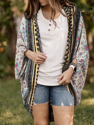 Lockerer Cardigan Mit Blumen-tribal-muster Und Offener Vorderseite