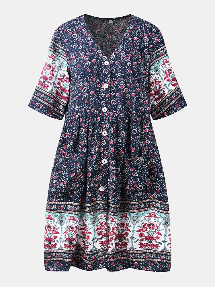 Böhmisches Blumen-ethno-kleid Mit V-ausschnitt Knöpfen Und Kurzen Ärmeln