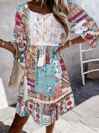 Bohemian Tribal Pattern Lace Stitch Tie Front Mni Dress