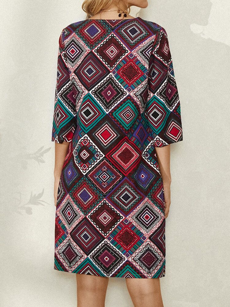 Frauen Ethnischer Geometrischer Druck 3/4 Ärmel Vintage Freizeitkleid Mit Tasche