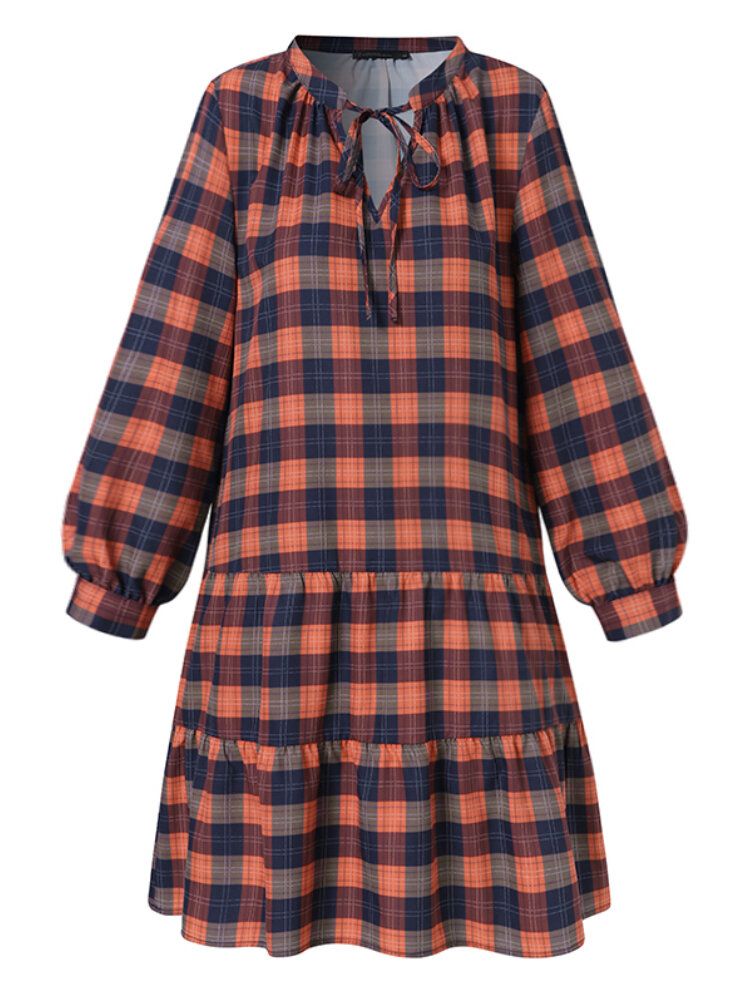 Frauen Plaid Tiered Ruffle Tie V-ausschnitt Lässige Langarm-minikleider