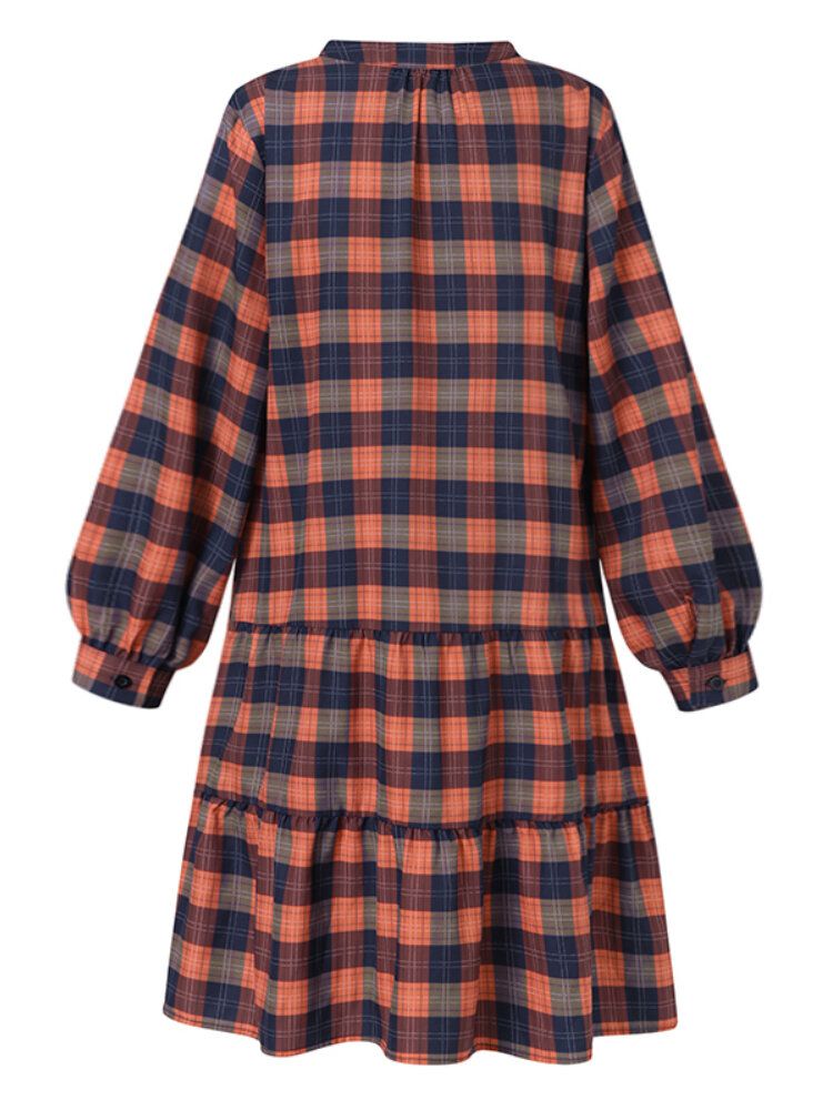 Frauen Plaid Tiered Ruffle Tie V-ausschnitt Lässige Langarm-minikleider