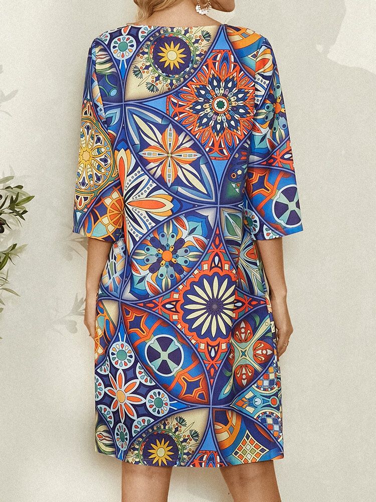 Frauen V-ausschnitt Ethnic Print 3/4 Ärmel Vintage Minikleid Mit Tasche