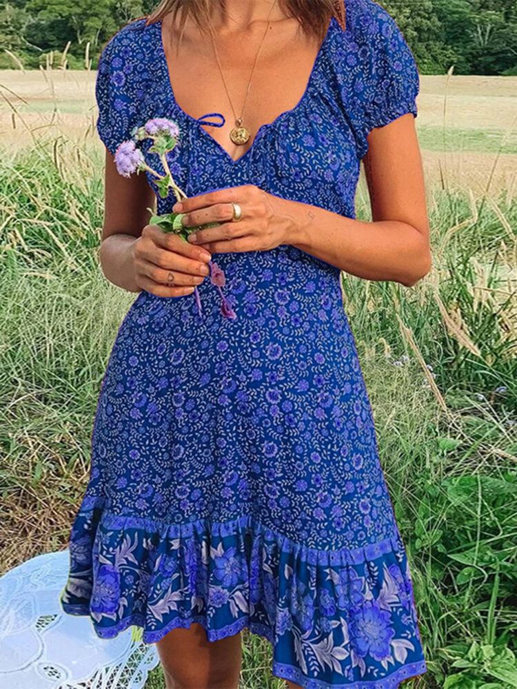 Lässiges Kurzarm-minikleid Mit Böhmischem Blumenmuster Und V-ausschnitt Für Damen