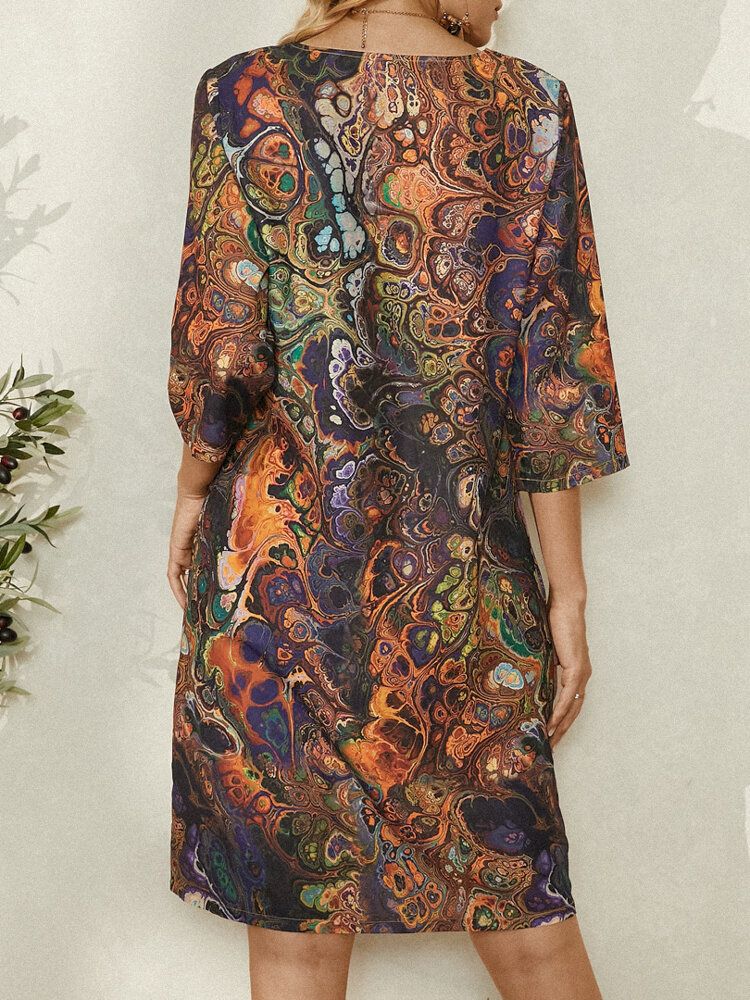 Mehrfarbiges Damenkleid Mit Vintage-print 3/4-ärmel V-ausschnitt Und Tasche