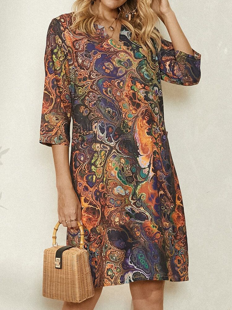 Mehrfarbiges Damenkleid Mit Vintage-print 3/4-ärmel V-ausschnitt Und Tasche