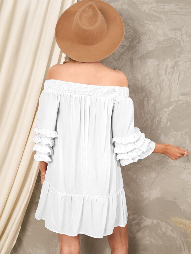 Off-shoulder-plissee Solide Lässige Minikleider Für Damen