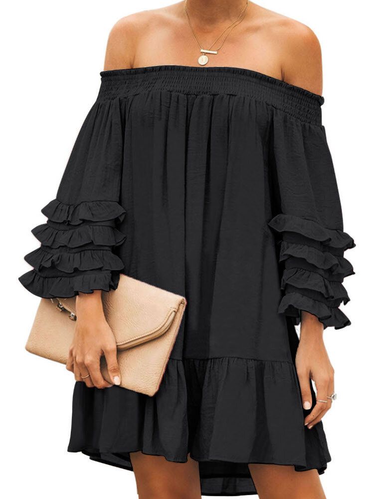 Off-shoulder-plissee Solide Lässige Minikleider Für Damen