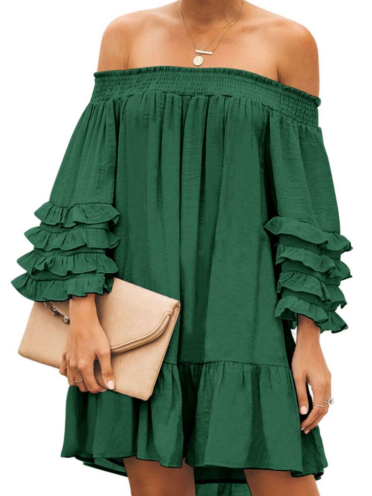 Off-shoulder-plissee Solide Lässige Minikleider Für Damen