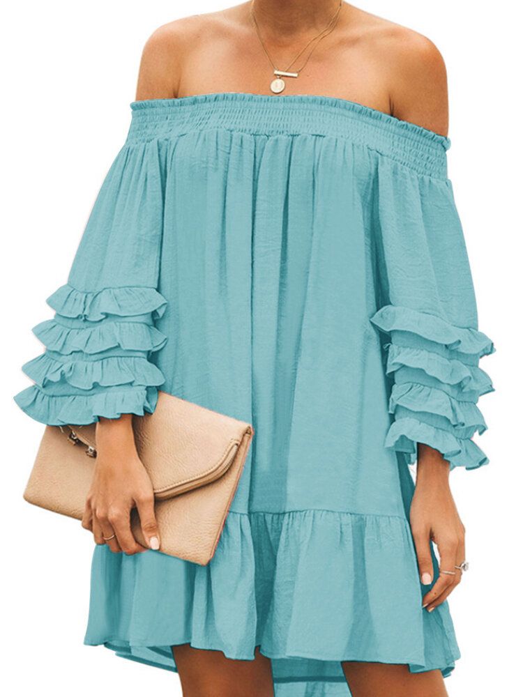 Off-shoulder-plissee Solide Lässige Minikleider Für Damen