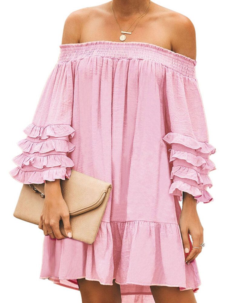 Off-shoulder-plissee Solide Lässige Minikleider Für Damen