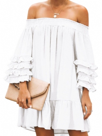 Off-shoulder-plissee Solide Lässige Minikleider Für Damen