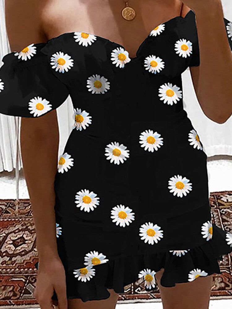 Schickes Schulterfreies Kurzärmliges Lässiges Minikleid Mit Gänseblümchen-print