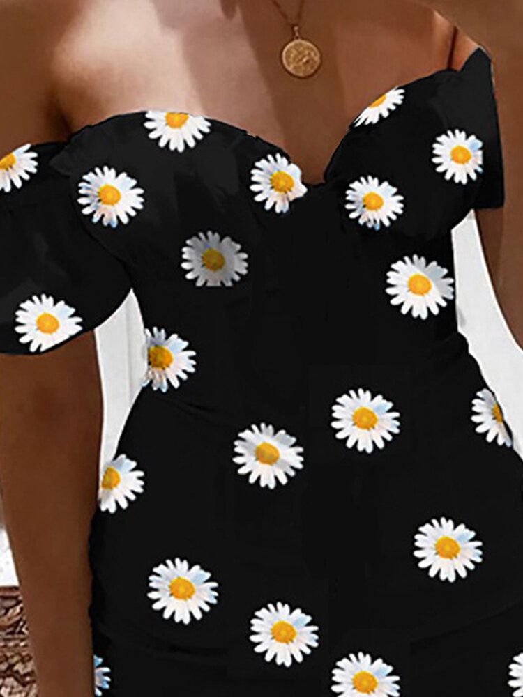 Schickes Schulterfreies Kurzärmliges Lässiges Minikleid Mit Gänseblümchen-print