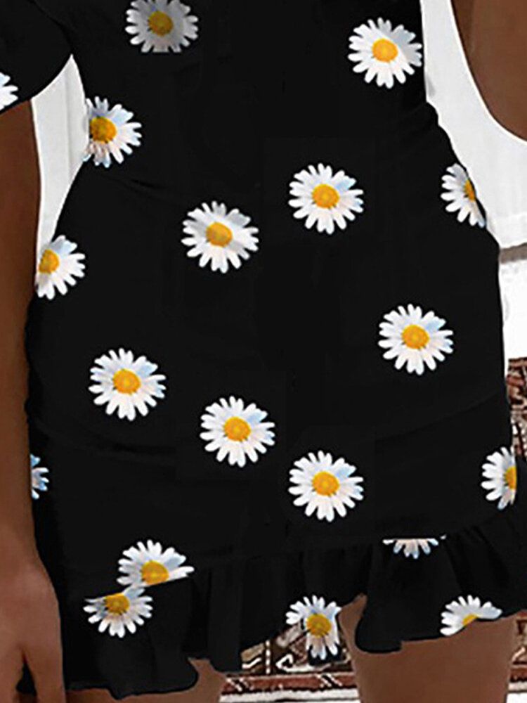 Schickes Schulterfreies Kurzärmliges Lässiges Minikleid Mit Gänseblümchen-print