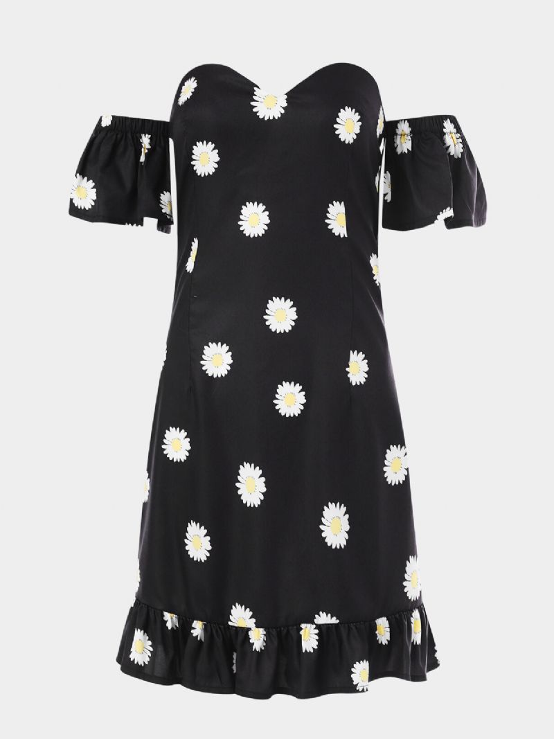 Schickes Schulterfreies Kurzärmliges Lässiges Minikleid Mit Gänseblümchen-print