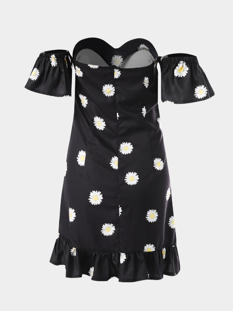 Schickes Schulterfreies Kurzärmliges Lässiges Minikleid Mit Gänseblümchen-print